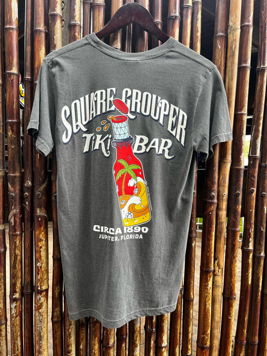 Men's short sleeve gray t-shirt with a graphic print of a Jupiter Lighthouse Bottle on the back and 'SQUARE GROUPER TIKI BAR' text along with 'CIRCA 1980'.